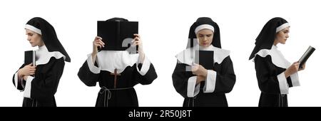 Collage with photos of young nun holding Bible on white background Stock Photo