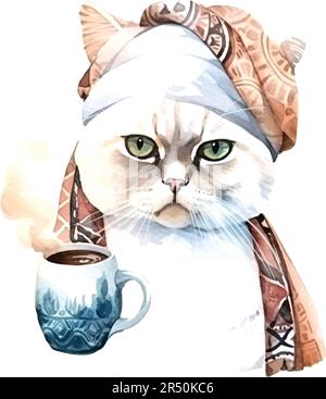 Turkish Cat with coffee cup. Muslim cat with turban. Watercolor Vector illustration for coffee houses. Isolated on white background. Can be used for m Stock Vector