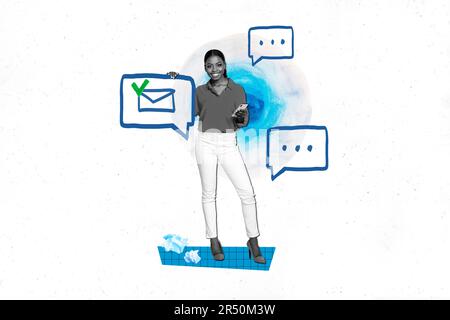Creative banner collage picture illustration of young business lady answer all her unread messages email isolated on white background Stock Photo