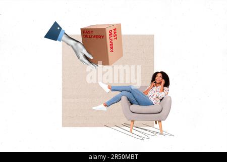 Creative design collage of young funny lady lying furniture call friends forgot about her express delivery box isolated on white background Stock Photo