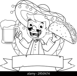Mexican man holding a cold beer and a taco. Vector black and white coloring page. Stock Vector