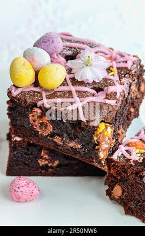 Brownies with mini sugar eggs (close up) Stock Photo