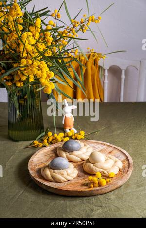 Mona de Pascua (traditional Easter cake, Italy and Spain) with eggs Stock Photo