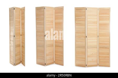Set with photos of wooden room divider screen on white background Stock Photo