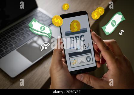 PPC - Pay Per Click concept Businessman working concept ppc. Stock Photo