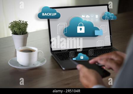 storage backup download computing digital data transferring document database cloud on laptop communication concept transfer download sharing multimed Stock Photo