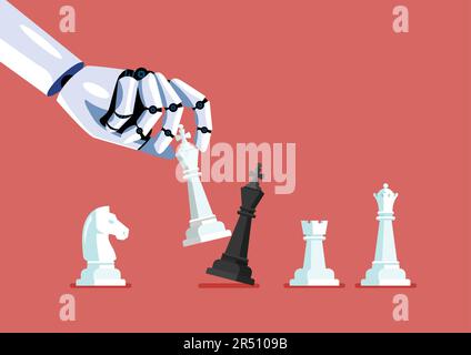 Robot hand use white king checkmate the black king. Concept of machine learning. Artificial Intelligence. Vector illustration Stock Vector