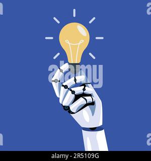 Robot hand is holding lightbulb idea. Concept of machine learning. Artificial Intelligence. Vector illustration Stock Vector