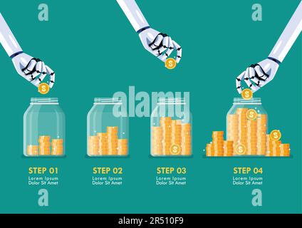 Step of Robot hands saving coins in glass jars. Vector illustration Stock Vector