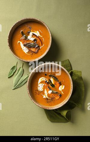 Roasted butternut squash soup with sage Stock Photo