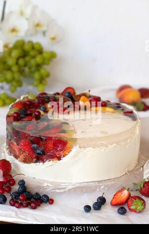 Summer cream cheese tart with fruit jelly Stock Photo