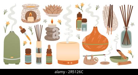 Aromatherapy set. Aroma lamps of different shapes and sizes. Aromatic oil. Ayurveda Aromatic therapy. Stock Vector