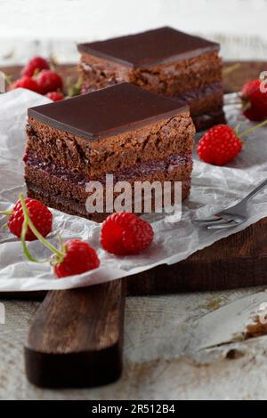 Layered chocolate cake with raspberry mousse Stock Photo