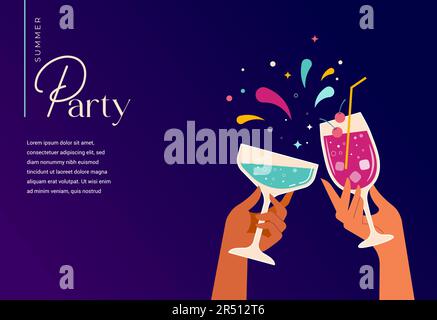 Summer party template design. Hands holding cocktail and wine glasses. Anniversary, birthday greeting card, concept design Stock Vector