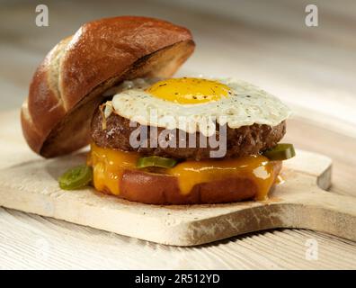 Chorizo burger with fried egg Stock Photo