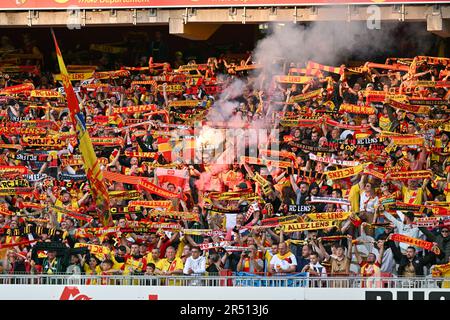 Lens, France. 27th May, 2023. fans and supporters of RC Lens in tribune  Marek pictured during a soccer game between t Racing Club de Lens and AC  Ajaccio, on the 37th matchday