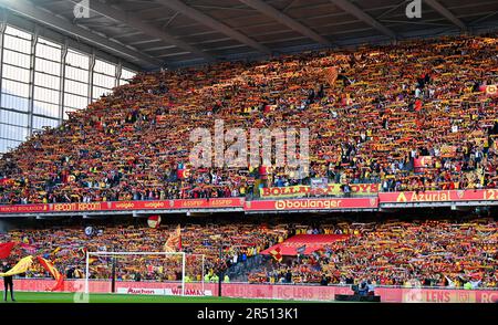 Lens, France. 27th May, 2023. fans and supporters of RC Lens in tribune  Marek pictured during a soccer game between t Racing Club de Lens and AC  Ajaccio, on the 37th matchday