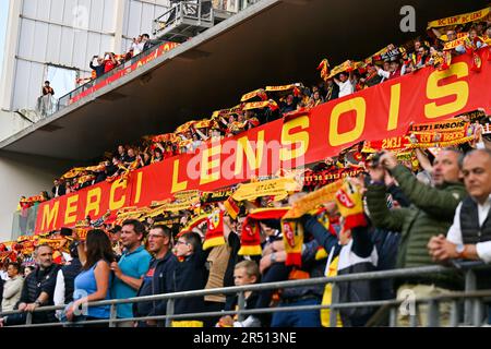 Lens, France. 27th May, 2023. fans and supporters of RC Lens in tribune  Marek pictured during a soccer game between t Racing Club de Lens and AC  Ajaccio, on the 37th matchday