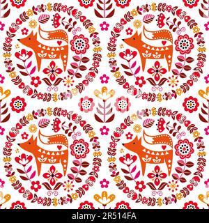 Scandinavian cute folk art vector seamless pattern with flowers and fox, floral textile ornament inspired by traditional embroidery from Sweden, Norwa Stock Vector