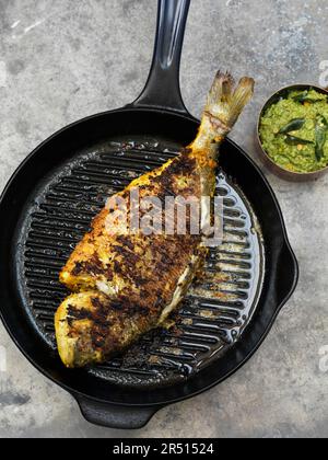 Whole gilt-head bream roasted in the grill pan Stock Photo