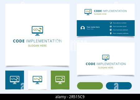 Code implementation logo design with editable slogan. Branding book and business card template. Stock Vector