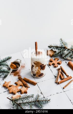 Winter cocktail with oat milk, peanut butter, and cinnamon Stock Photo