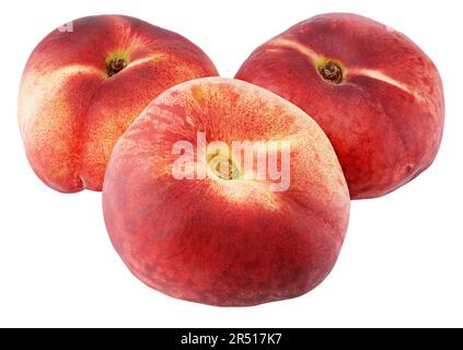 Three chinese flat donut peaches isolated on white background with clipping path. Full depth of field. Stock Photo