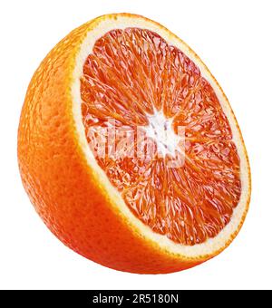 Half of blood red orange citrus fruit isolated on white background with clipping path. Full depth of field. Stock Photo