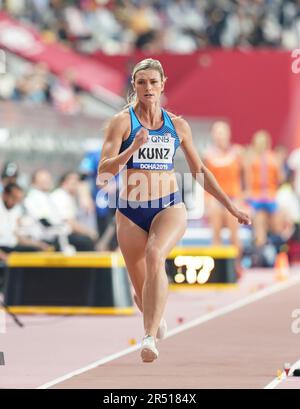 Annie Kunz in the triple jump in the heptathlon at the Doha 2019 World Athletics Championships. Stock Photo