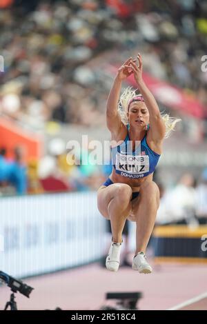 Annie Kunz in the triple jump in the heptathlon at the Doha 2019 World Athletics Championships. Stock Photo