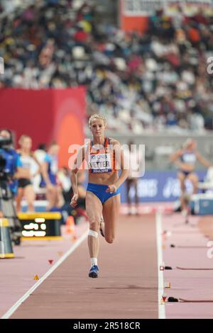 Anouk Vetter in the triple jump in the heptathlon at the Doha 2019 World Athletics Championships. Stock Photo