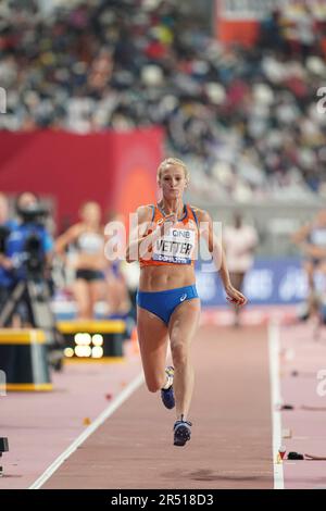 Anouk Vetter in the triple jump in the heptathlon at the Doha 2019 World Athletics Championships. Stock Photo