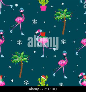 Cute Flamingo pattern for Christmas - Adorable flamingo, snow flakes, palm trees illustration. Hand drawn wallpaper. Good for textiles, nursery, wallp Stock Vector