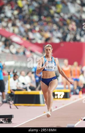 Annie Kunz in the triple jump in the heptathlon at the Doha 2019 World Athletics Championships. Stock Photo