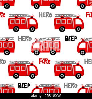 Firetruck pattern design - funny hand drawn doodle, seamless pattern. Lettering poster or t-shirt textile graphic design. wallpaper, wrapping paper, b Stock Vector