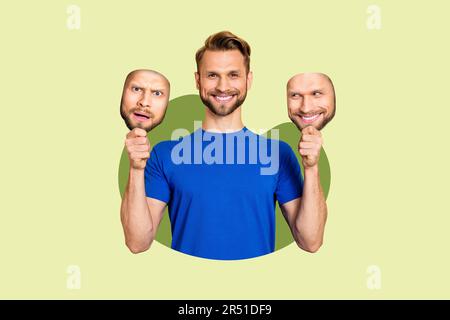 Vertical collage picture artwork image of cheerful positive man hold two faces masks hides true emotions isolated on beige background Stock Photo