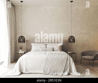 Japandi bedroom mock up in white and gray tones. Bed with pillows ...