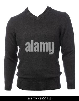 Grey classic wool v-neck jumper on mannequin isolated on a white background Stock Photo