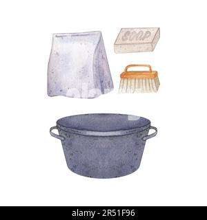 A set of items for cleaning the house - a blue basin, a package of powder, a brush and soap. watercolor illustration highlighted on a white background Stock Photo