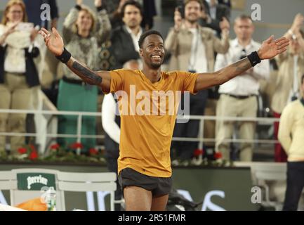 Paris, France - May 31, 2023, Paris, France - 31/05/2023, Gael Monfils of France celebrates winning his first round match against Sebastian Baez of Argentina during day 3 of the 2023 French Open, Roland-Garros 2023, second Grand Slam tennis tournament of the year, on May 30, 2023 at Stade Roland-Garros in Paris, France - Photo: Jean Catuffe/DPPI/LiveMedia Stock Photo