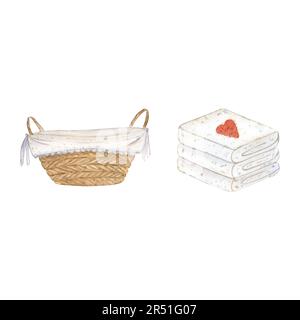 A set of a wicker basket with fabric and handles and a stack of white terry towels. Watercolor illustration isolated on a white background. Suitable Stock Photo