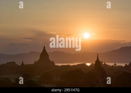 Bagan, Myanmar temples in the Archaeological Zone at dusk. Stock Photo