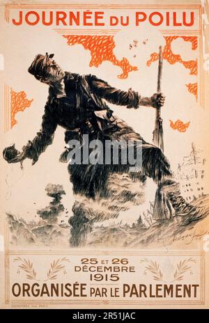 Journée du Poilu. 25 et 26 décembre 1915. Organisée par le parlement - A French soldier standing on a battlefield holding a rifle and about to throw a grenade - Neumont, Maurice, 1868-1930, artist, grenade, throwing grenade, hand grenade Stock Photo