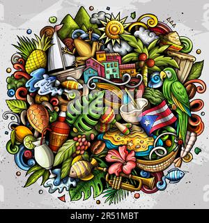 Puerto Rico cartoon doodle illustration. Funny Puerto-Rican design. Creative vector background with Caribbean country elements and objects. Colorful c Stock Vector