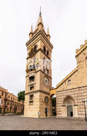 Duomo di Messina or Messina Cathedral of Santa Maria Assunta and Piazza Duomo in Sicily, Italy. The impressive bell tower is famous with complex astro Stock Photo