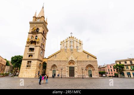 Duomo di Messina or Messina Cathedral of Santa Maria Assunta and Piazza Duomo in Sicily, Italy. The impressive bell tower is famous with complex astro Stock Photo