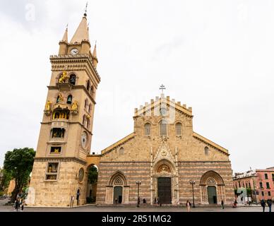 Duomo di Messina or Messina Cathedral of Santa Maria Assunta and Piazza Duomo in Sicily, Italy. The impressive bell tower is famous with complex astro Stock Photo