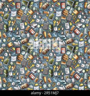 Cartoon cute traveling seamless pattern. Colorful detailed, with lots of objects background. Endless funny vector illustration. Bright colors travel p Stock Vector