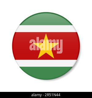 Suriname circle button icon. Surinamese round badge flag with shadow. 3D realistic vector illustration isolated on white. Stock Vector