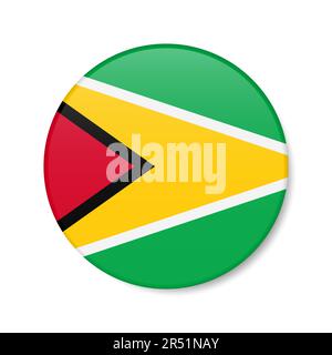 Guyana circle button icon. Guyanese round badge flag with shadow. 3D realistic vector illustration isolated on white. Stock Vector